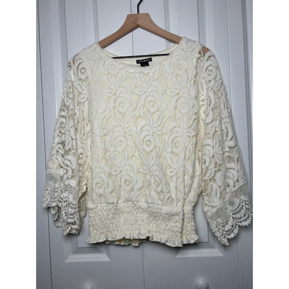 Lauren Michelle Cream Floral Lace Blouse Smocked Waist Top L